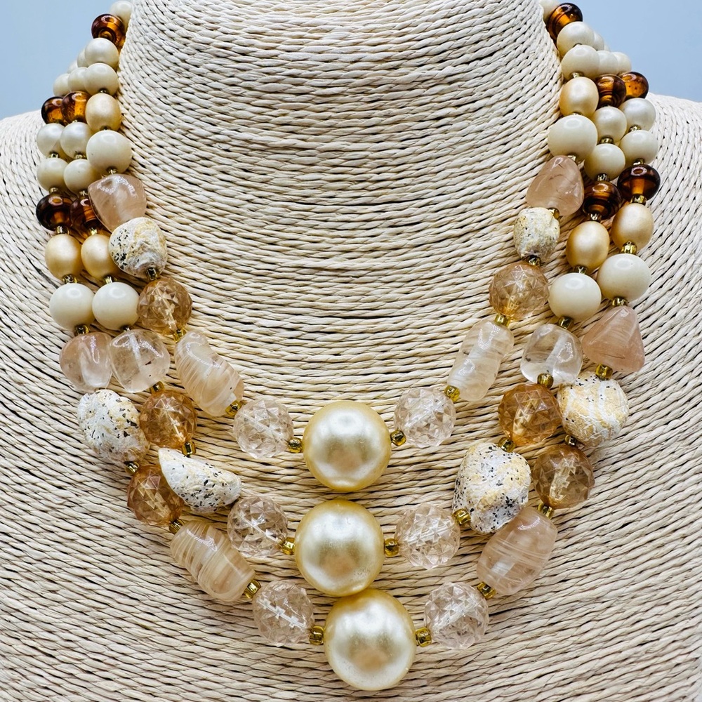Elegant Vintage Multi-Layered Beaded Glass & Stone Necklace made in Hong Kong